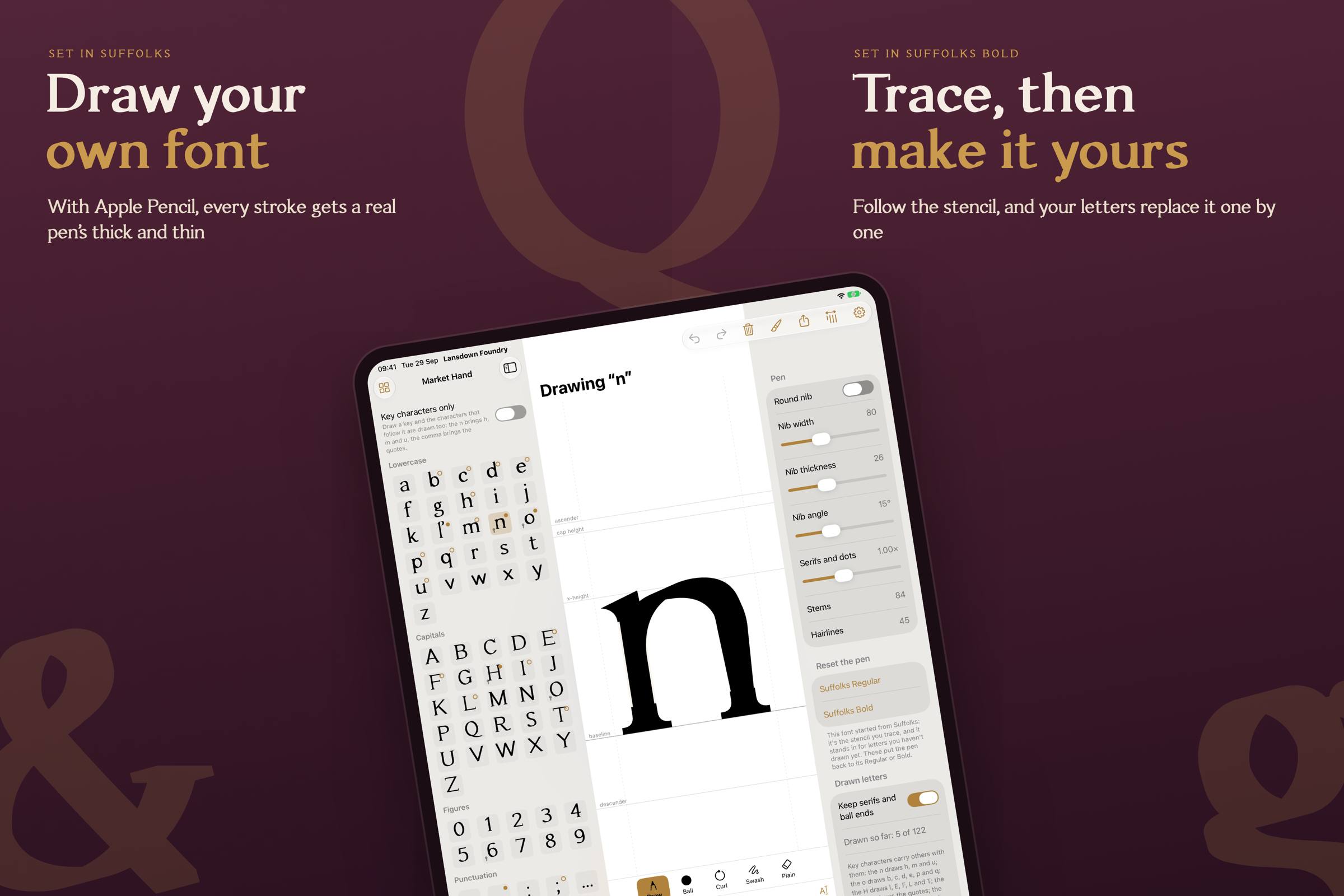 Two iPad screens showing the Lansdown Foundry editor, drawing the letter n over a Suffolks stencil, with the headline: Draw your own font, trace, then make it yours